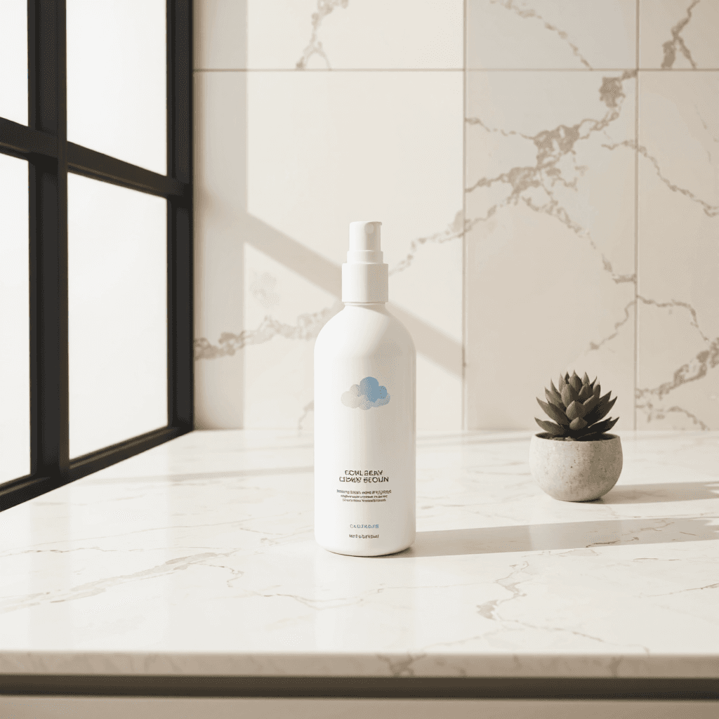 product photography of a bottle of liquid product, likely a skincare or cosmetic item