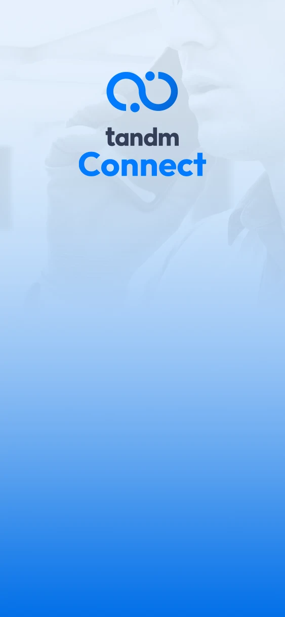 Graphic showing the Tandm Connect logo over a blue gradient background with a faint image of a worker speaking on a phone.