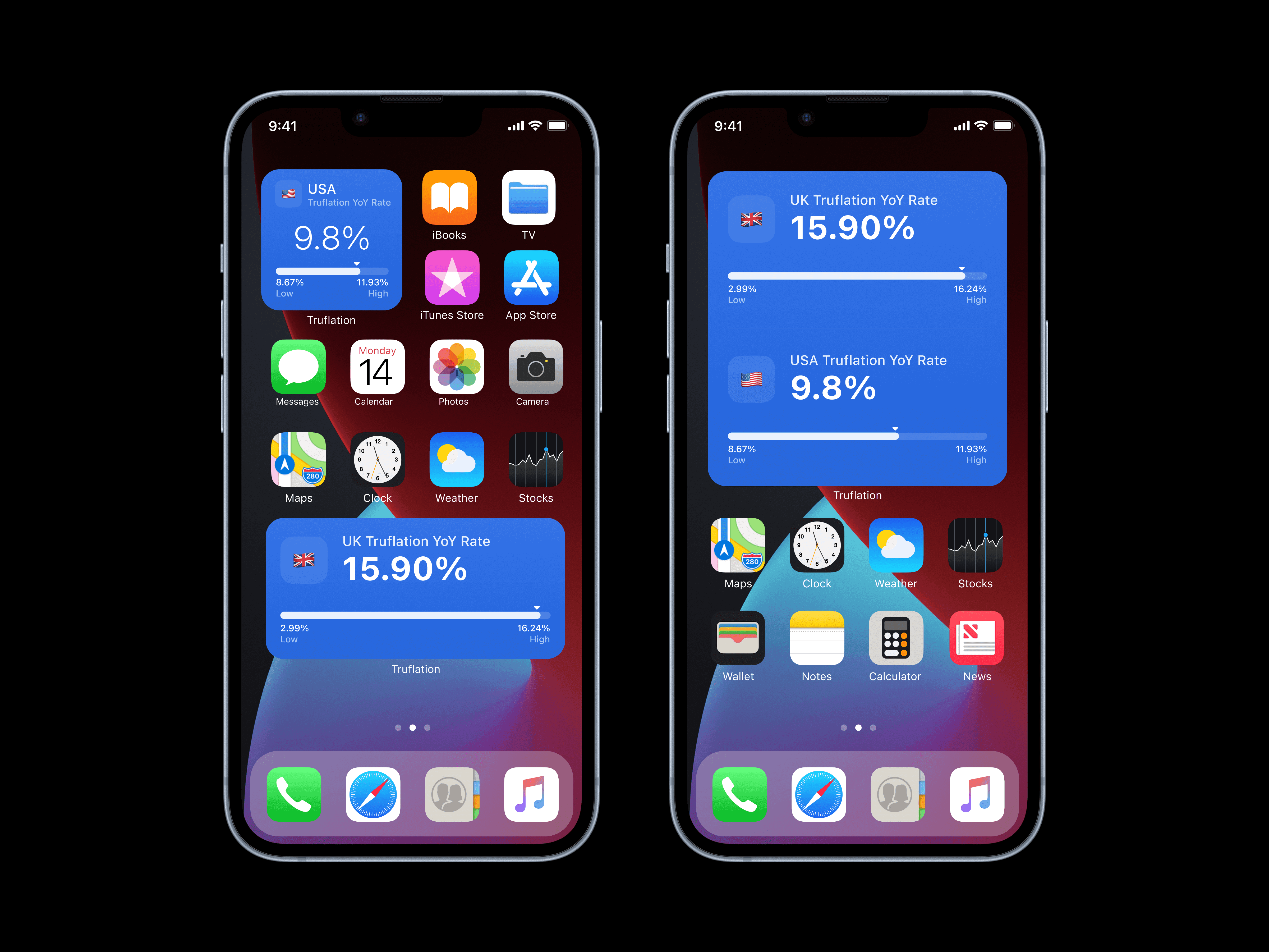 Truflation iOS home screen widgets showing live inflation rates for USA and UK with visual data ranges and year-over-year comparison