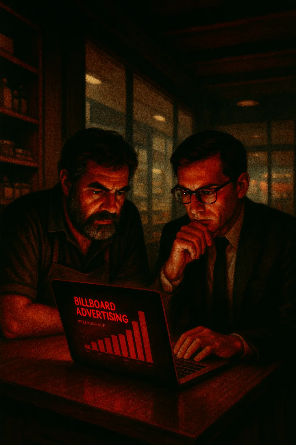 Two men focusing on a laptop showing "Billboard Advertising" at RockN' Socials Digital Marketing Agency.