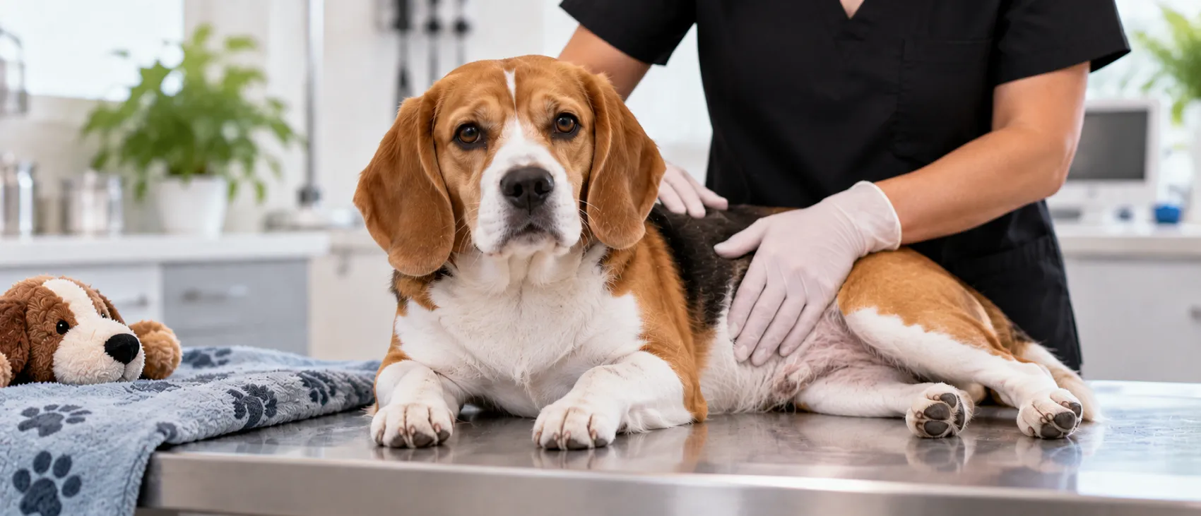 A vet examining a Beagle's abdomen on an exam table.
