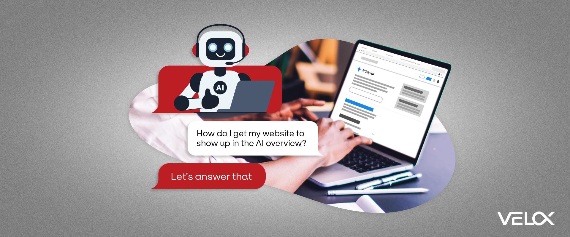 Someone typing on a laptop with an AI bot responding with "Let's answer that."