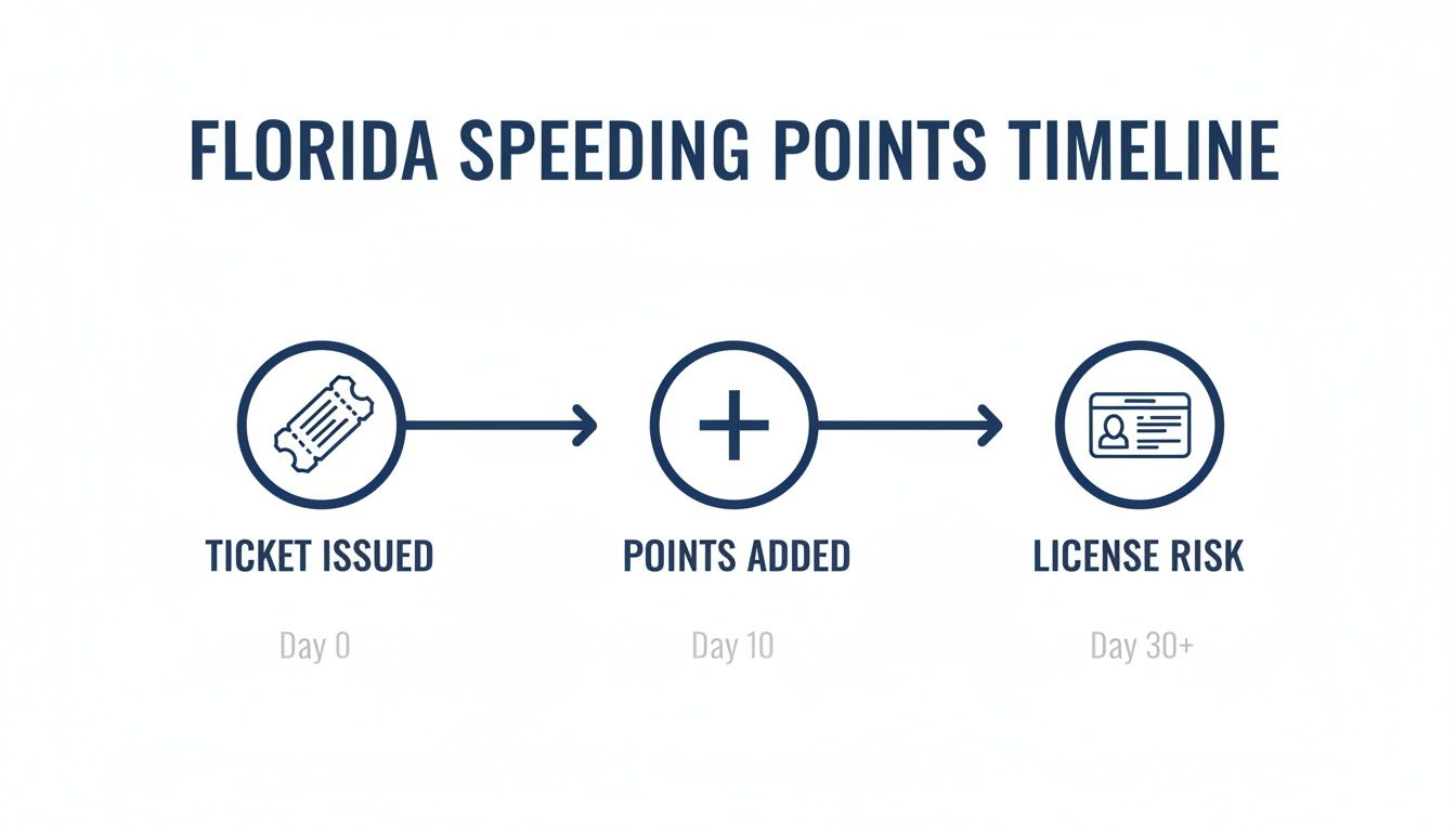 A Florida speeding points timeline infographic showing ticket issued, points added, and license risk stages.