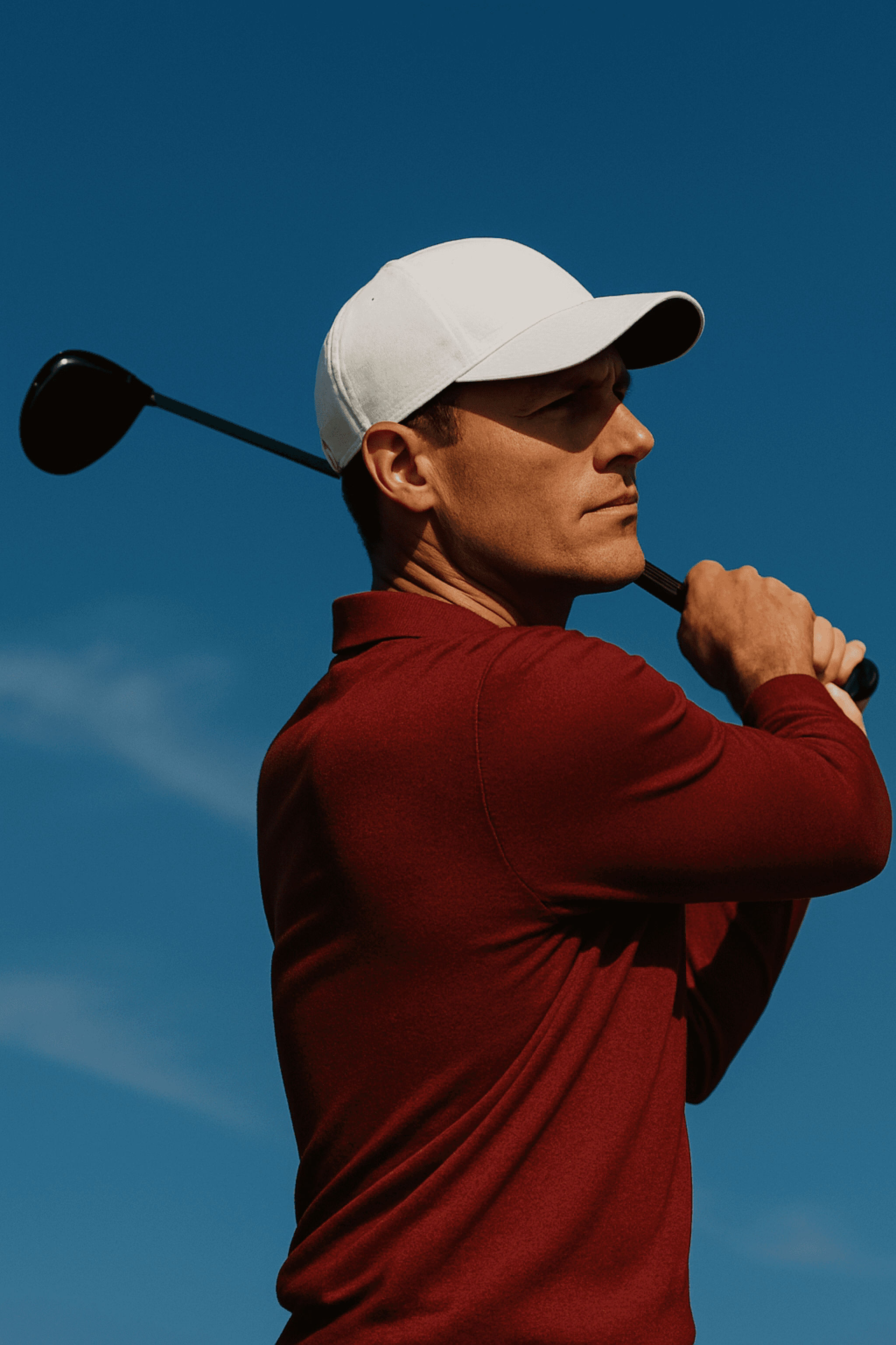 Man in a white cap and red shirt holding a golf club, looking focused against a clear blue sky.