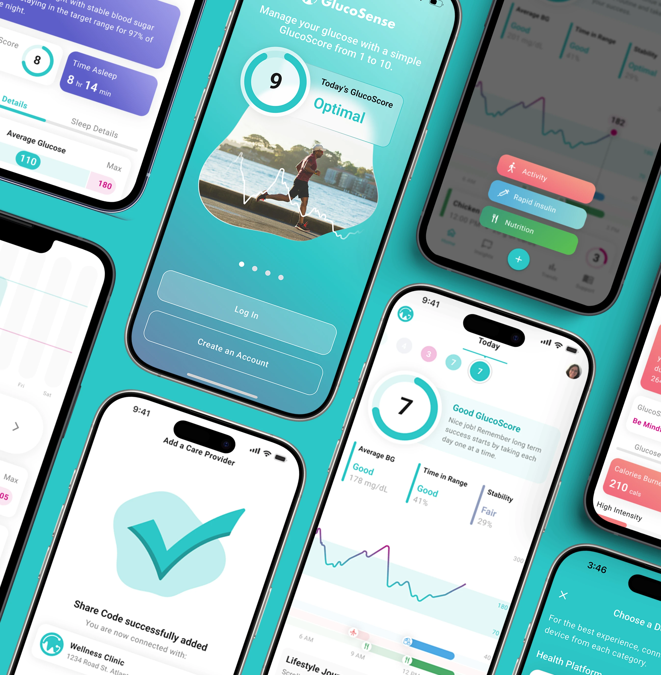 GlucoSense diabetes app with glucose levels chart