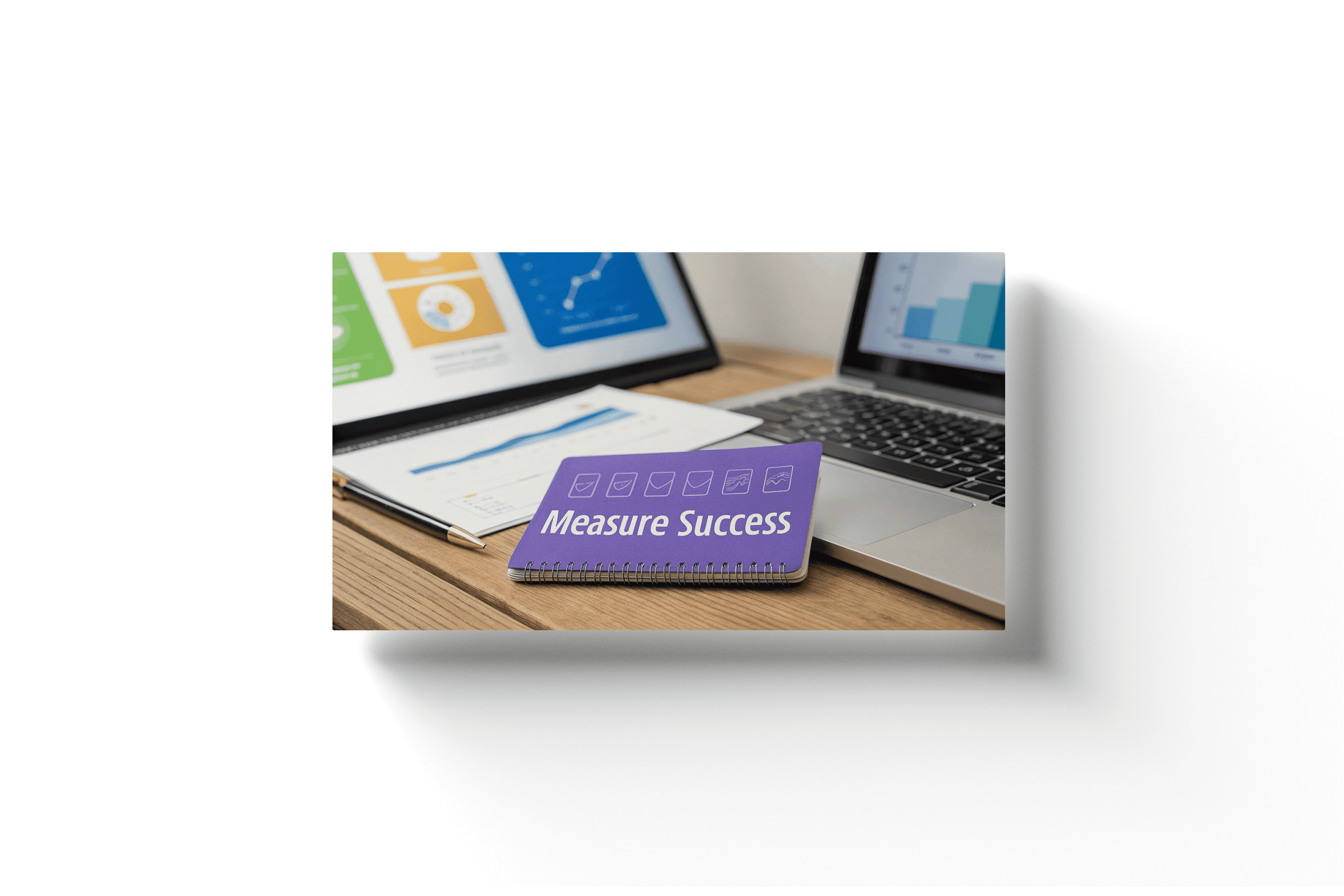 a wooden desk with a purple card that reads 'measure success'