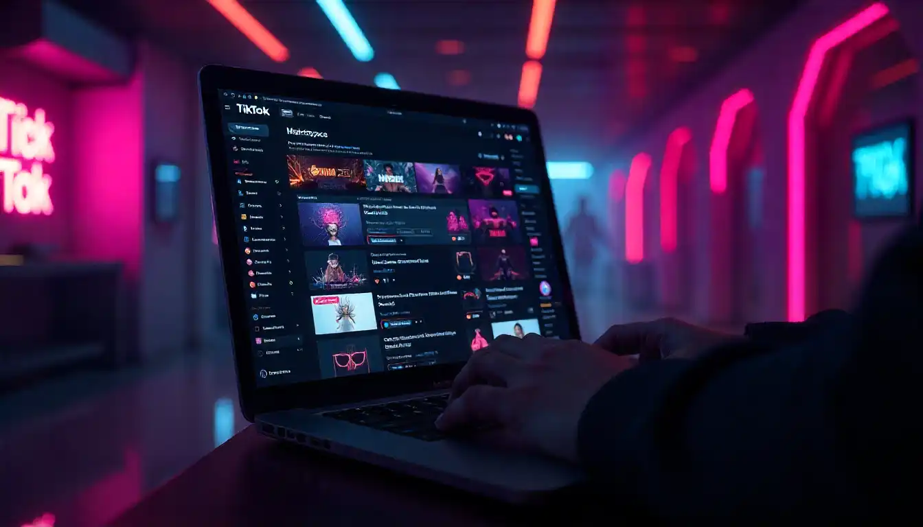 A laptop displaying a neon-lit TikTok Shop interface amidst the growing battle against synthetic media and e-commerce scams.