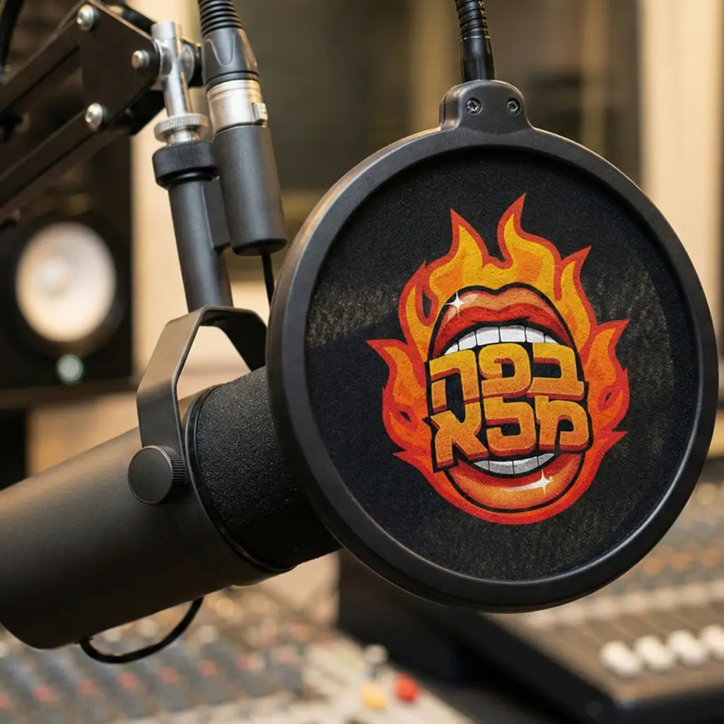 Studio microphone with the spicy podcast flaming mouth logo displayed on the pop filter.