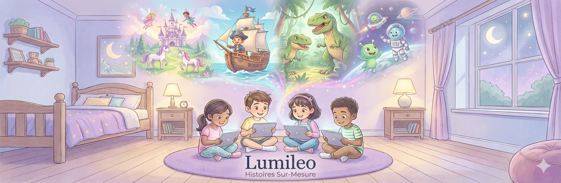 Illustration féerique d'enfants utilisant l'application Lumileo sur tablette, avec leur imagination qui prend vie : dinosaures, pirates, licornes et astronautes.