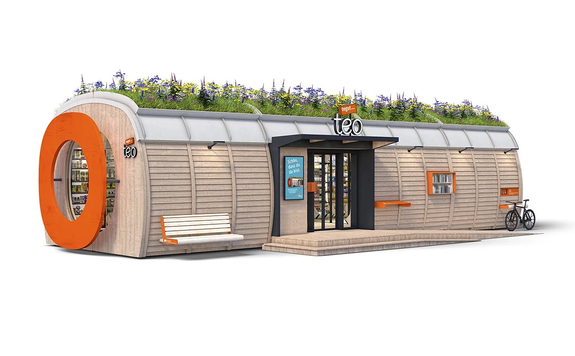 Rendering des tegut… teo in leichter Perspektive – Visualisierung des modularen Nachbarschaftsmarkts von Design for Human Nature.