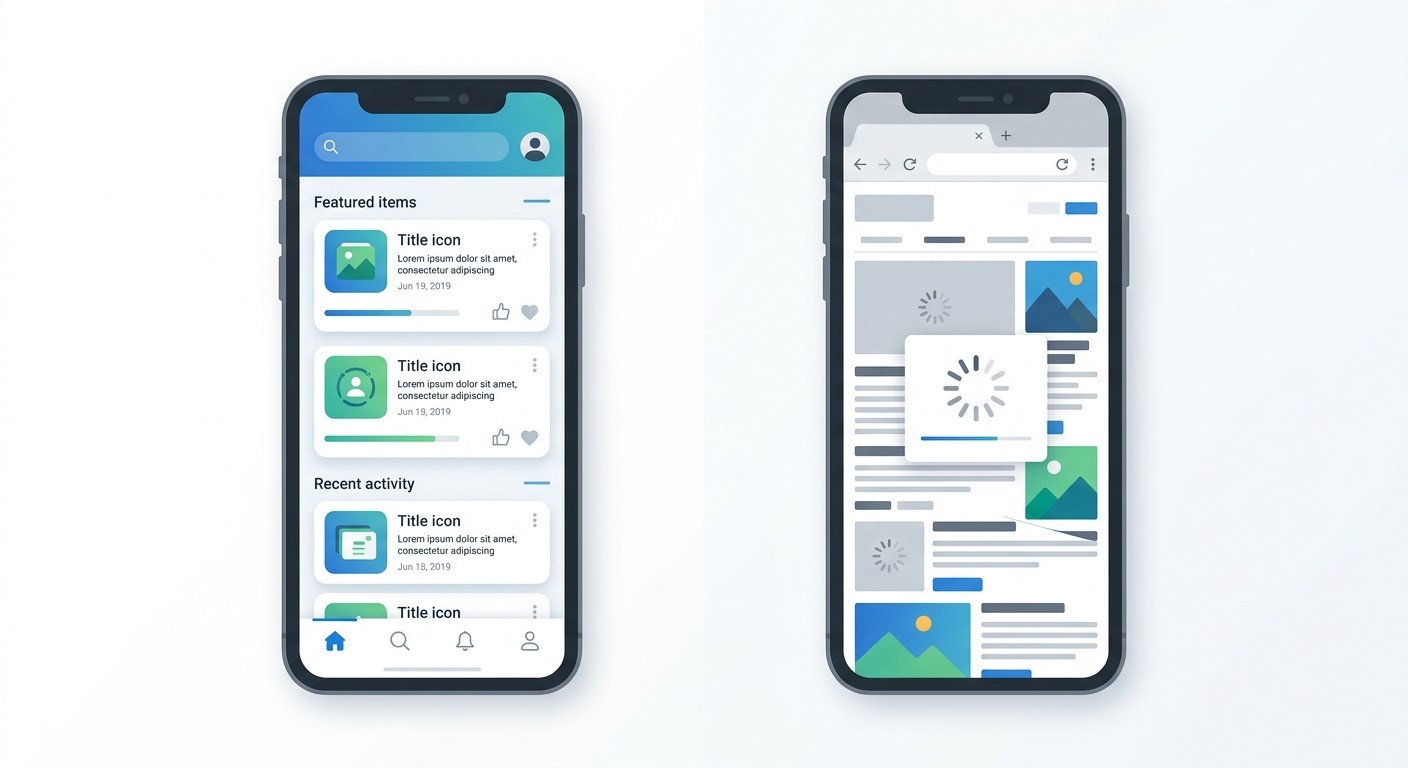 Side by side comparison of a native mobile app with smooth UI versus a WebView wrapper with loading indicators