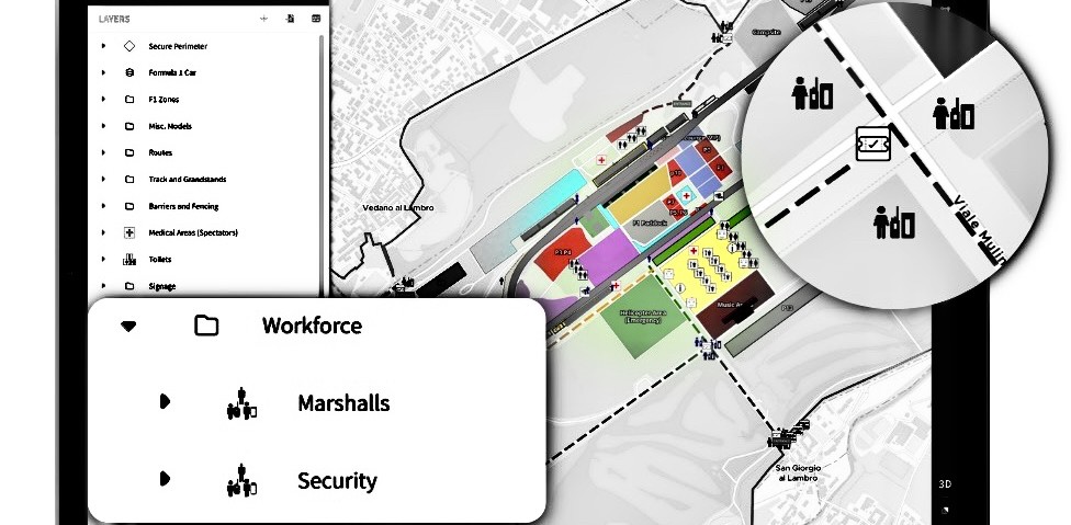 This image is a detailed map layout presented in black and white with coloured areas in the middle. The map features various labeled elements crucial for understanding the layout and function of the area depicted. On the left side, there's a vertical menu listing multiple layers that can be toggled for visibility, including options like "Secure Perimeter," "Formula 1 Car," "Roads," "Tracks and Guardrails," "Barriers/Fencing," "Medical Asset (Spectators)," "Toilets," and "Signage." These layers suggest a comprehensive planning tool, possibly for an event or facility management. Specific icons and labels mark different points of interest, including workforce roles like "Marshalls" and "Security," which are highlighted at the bottom of the image.   Additionally, a zoomed-in section on the right side of the map highlights a specific area with multiple icons representing human figures, possibly indicating high-traffic or critical zones within the layout. This detailed visual representation is ideal for understanding the spatial organization and operational aspects of the area, making it invaluable for event planning, security management, or facility oversight.