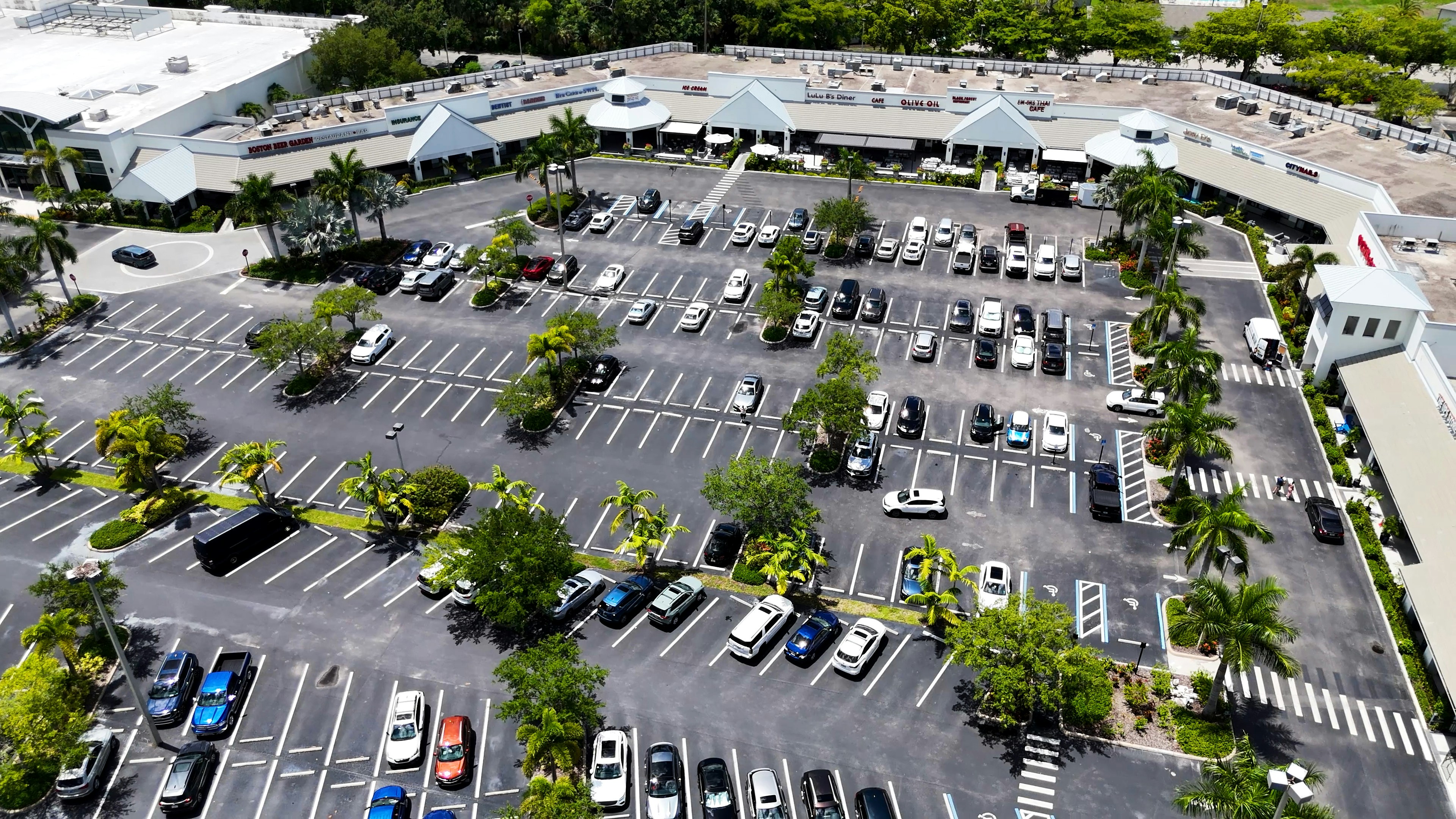 An aerial view of an airport parking lot