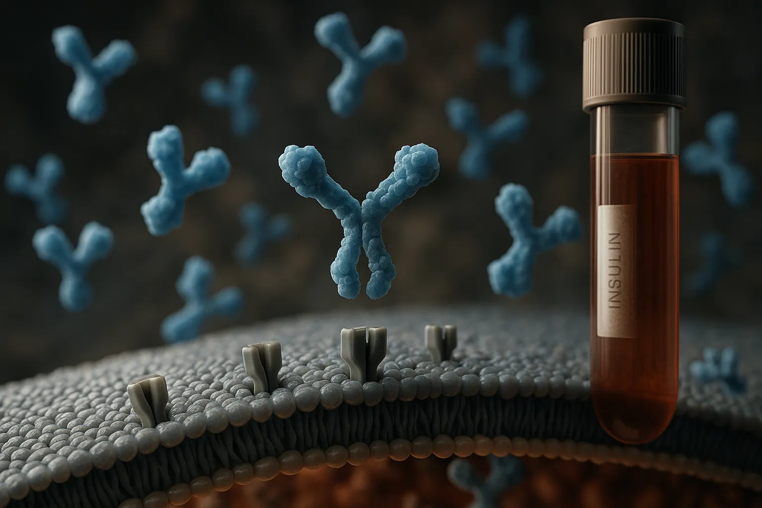 3D illustration of blue insulin molecules binding to cell-surface receptors next to a blood tube labeled insulin