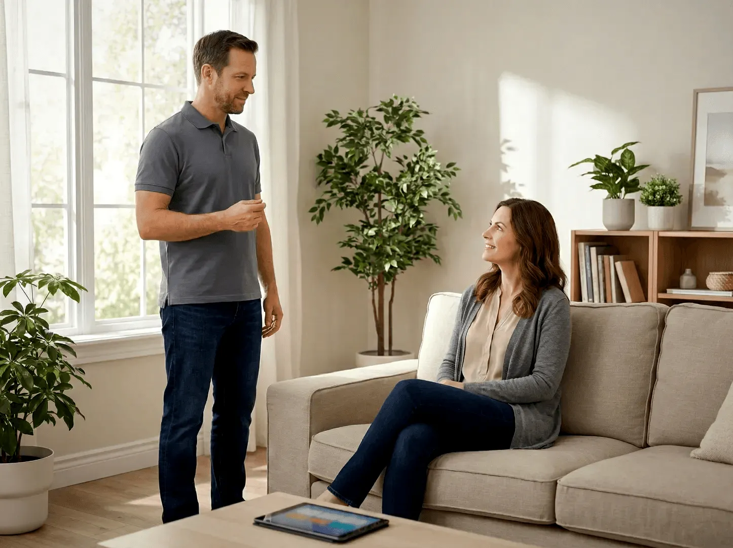 Un homme debout discute avec une femme assise sur un canapé beige clair, dans un salon lumineux et moderne, évoquant la.