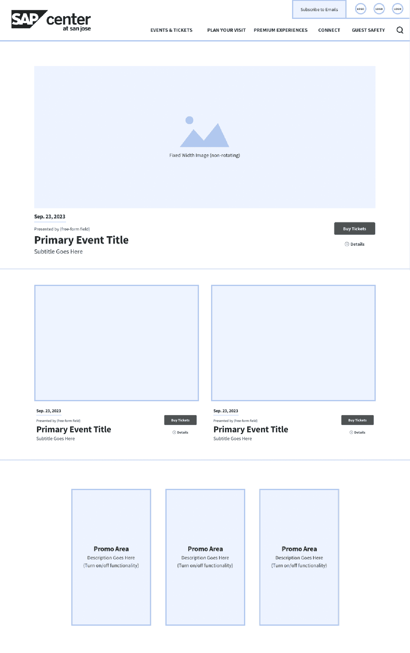 Wireframe of site with one main event and two additional events below