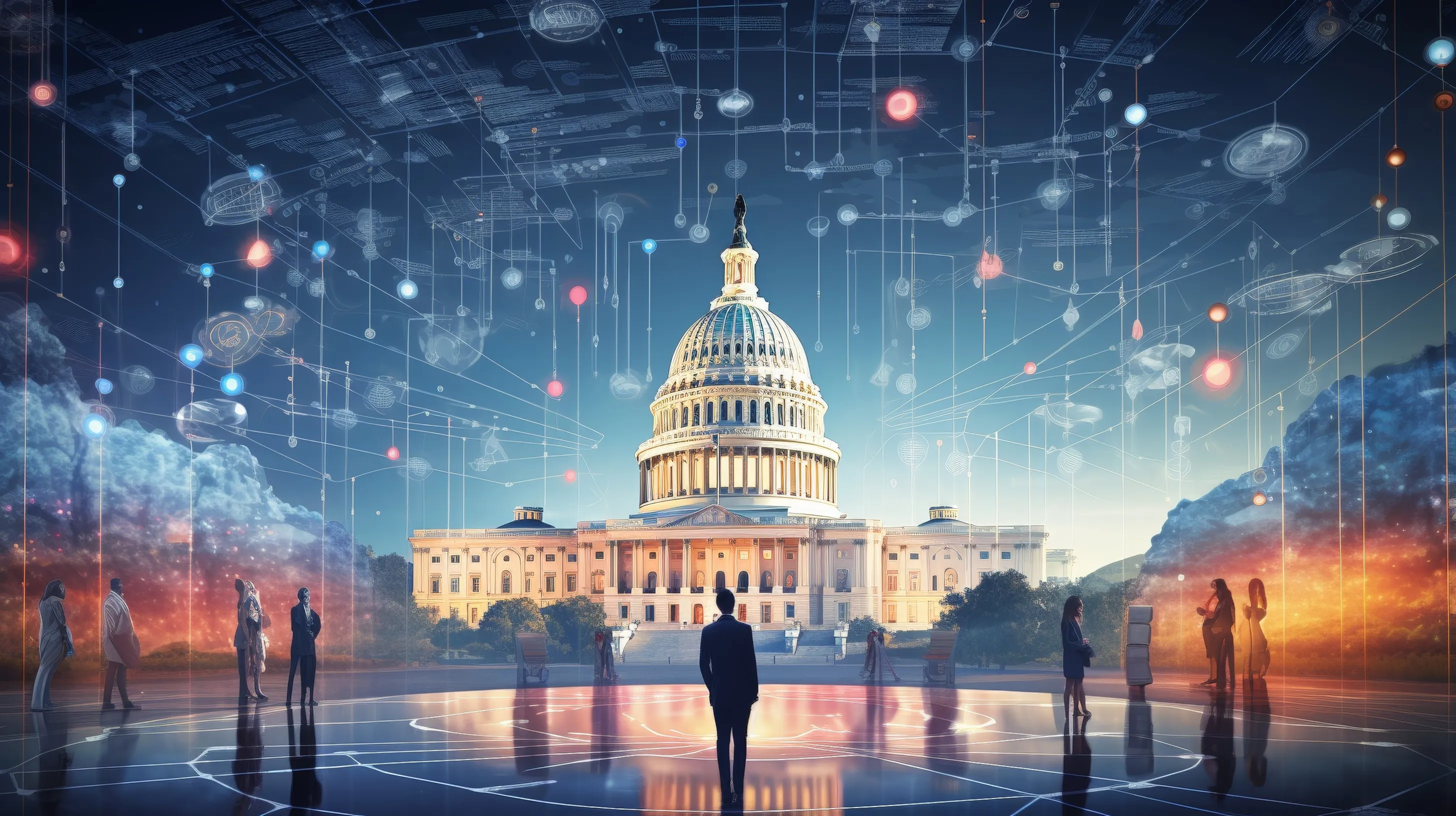 Digital illustration of the U.S. Capitol with people standing below futuristic data networks in the sky.