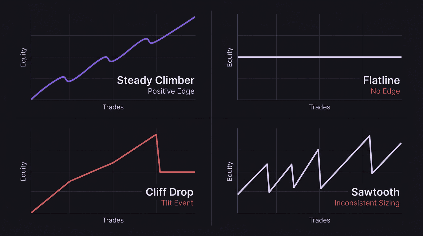 Diagram showing four equity curve shapes with labels for each pattern