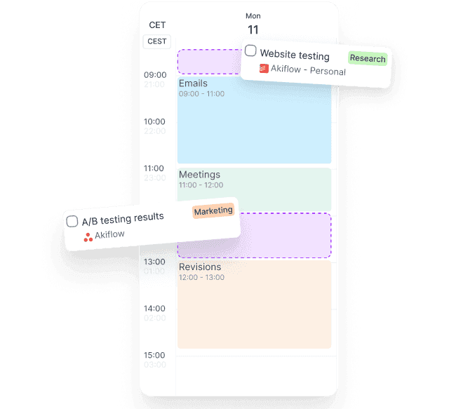 An Akiflow task being dragged onto the calendar for time blocking