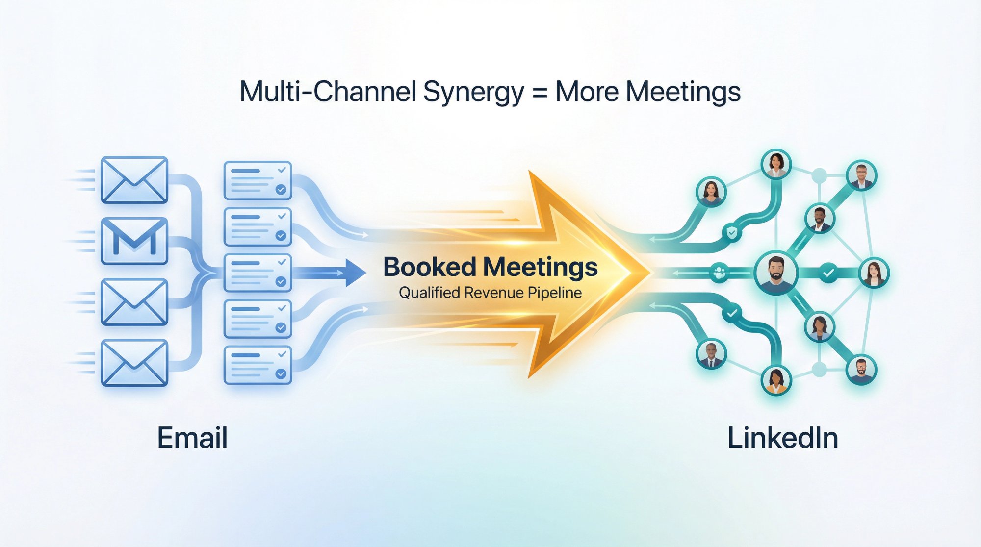 Two converging paths representing cold email and LinkedIn merging into a unified arrow pointing toward booked meetings, symbolizing multi-channel B2B outreach synergy