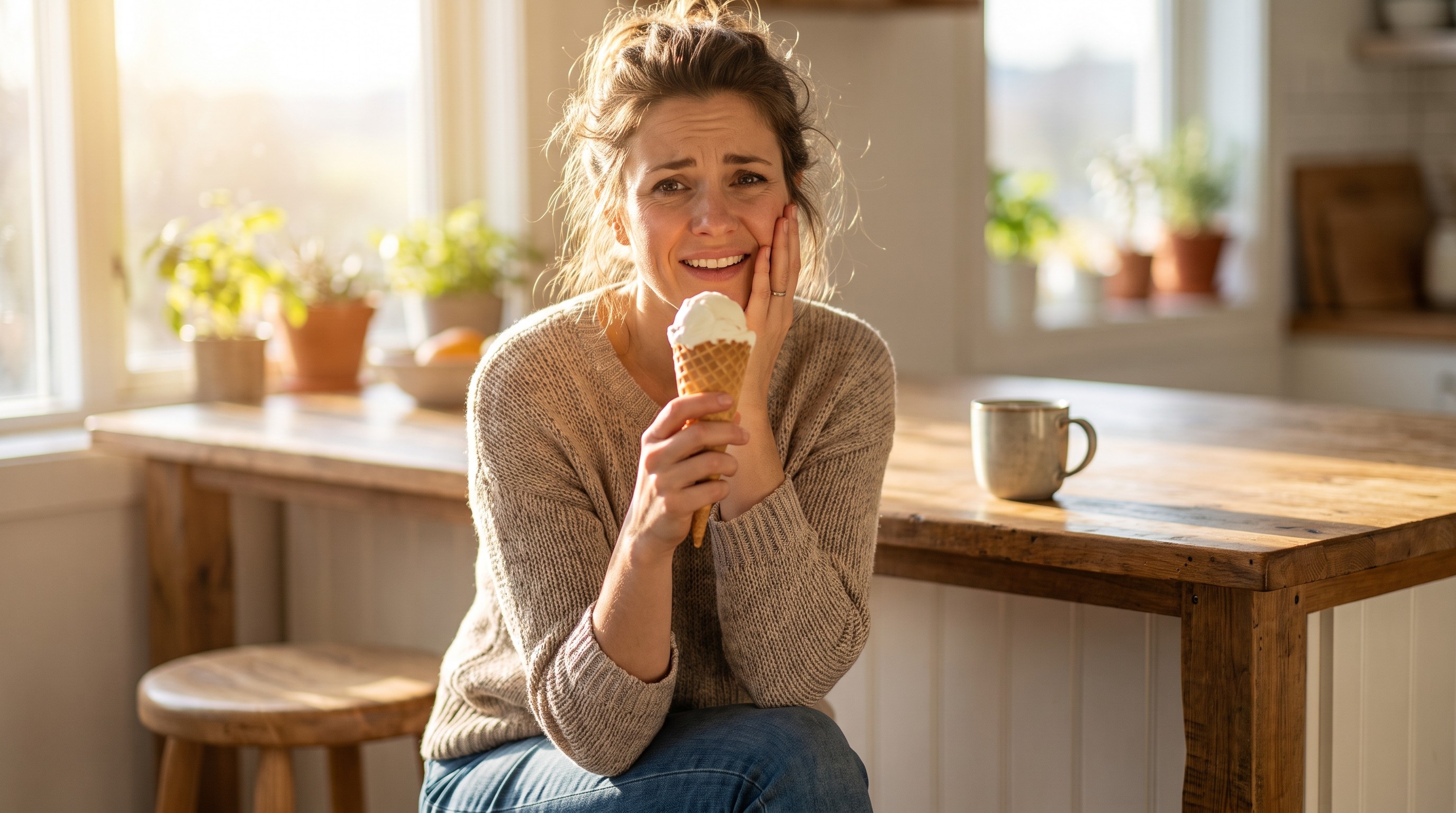 Woman pausing mid-bite with ice cream cone, touching her cheek in a sunlit kitchen