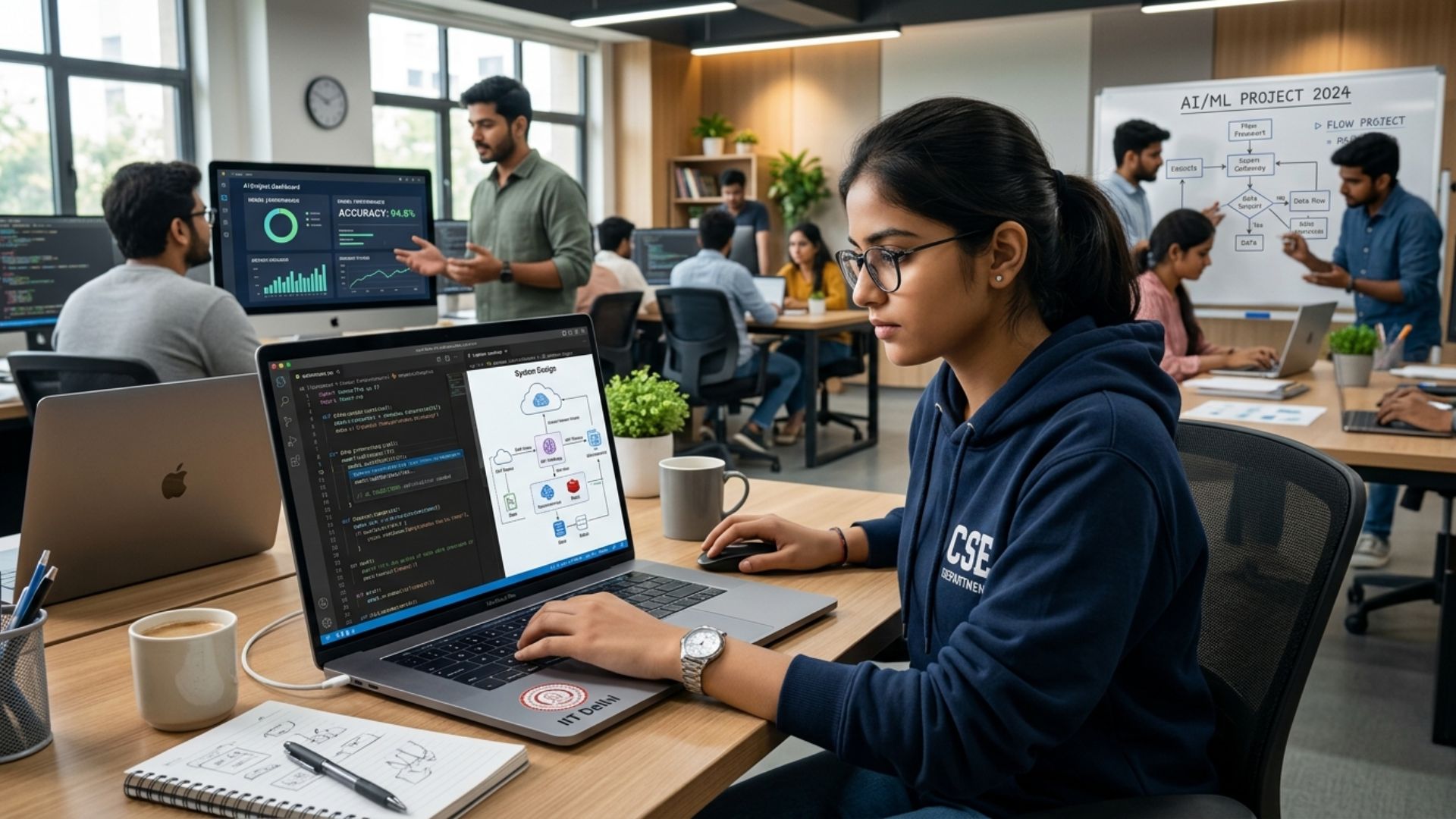 Student working on a coding project in a modern lab while exploring is computer science a safe career.