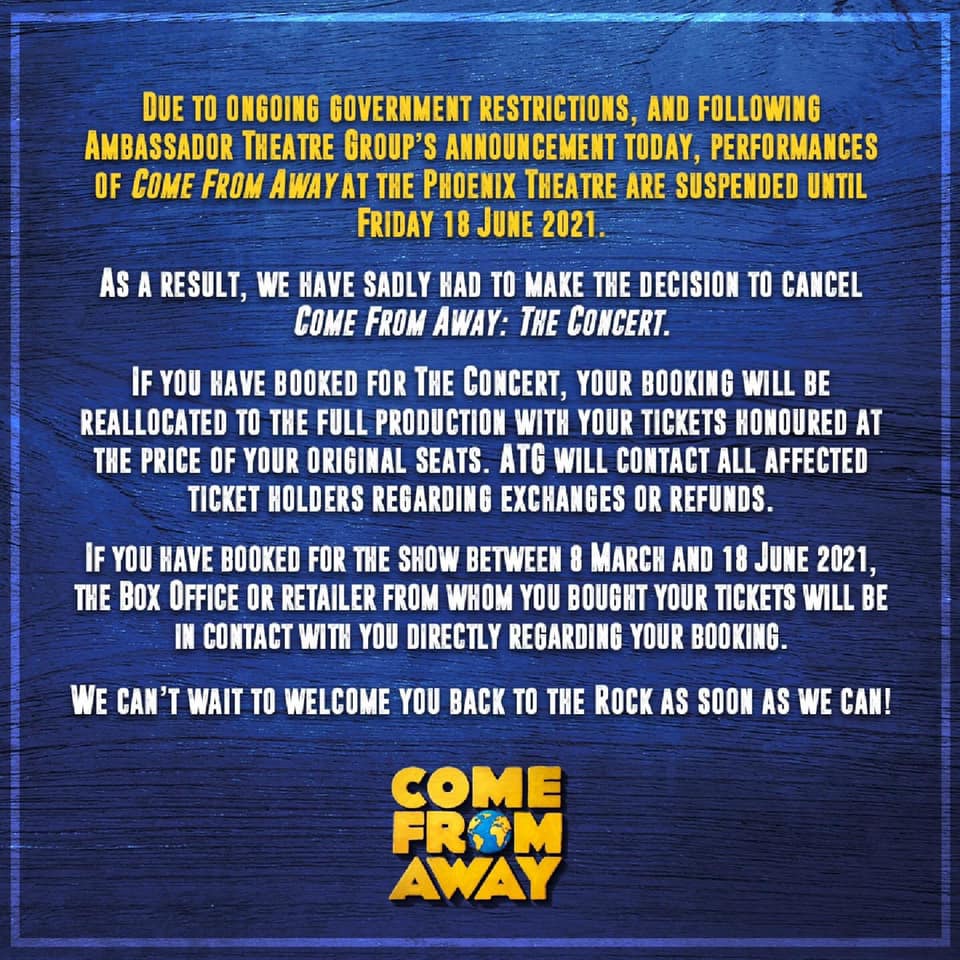 Come From Away The Concert cancelled