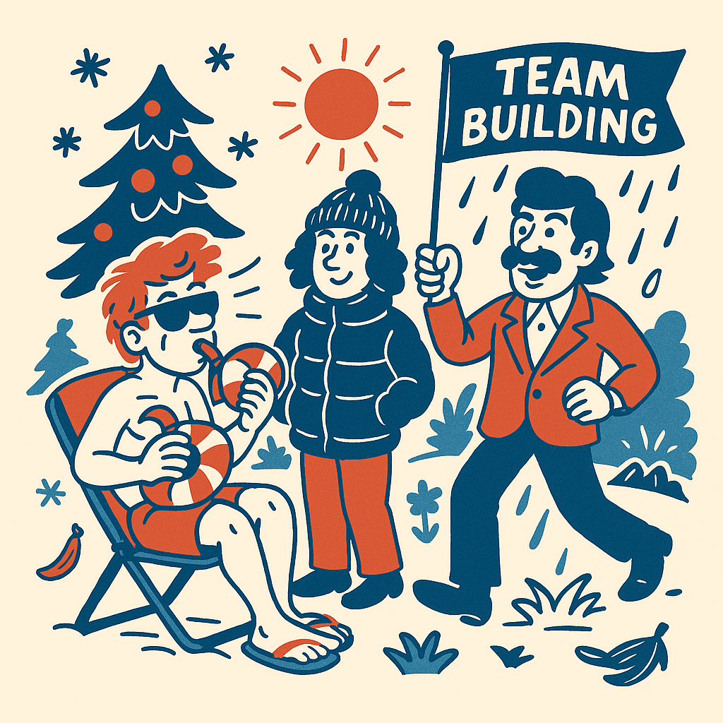 Des participants de team building en été, hiver et sous la pluie