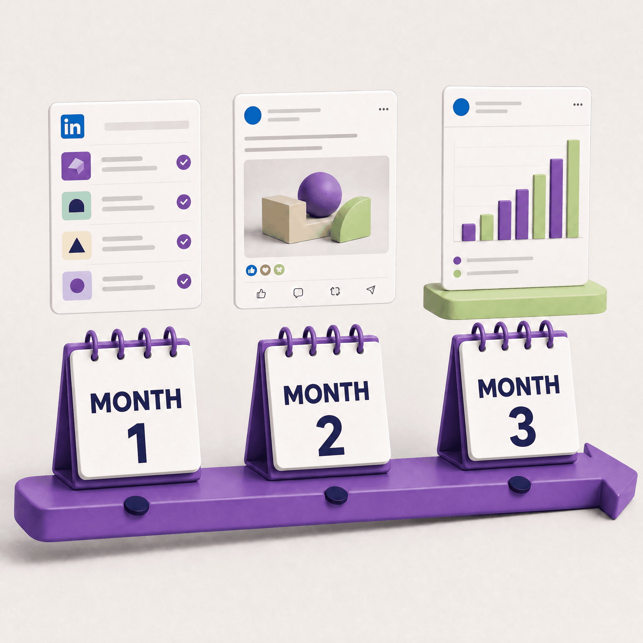 A 90-day timeline with three calendars: picking target accounts, running sponsored content, and measuring results per account