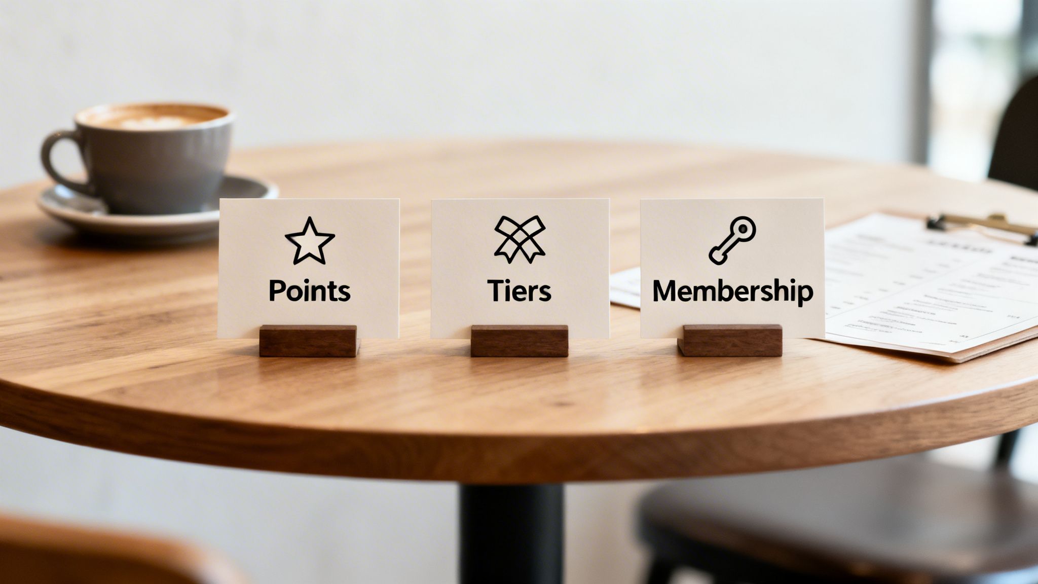 Three white cards on a wooden table display 'Points', 'Tiers', and 'Membership', representing loyalty programs.