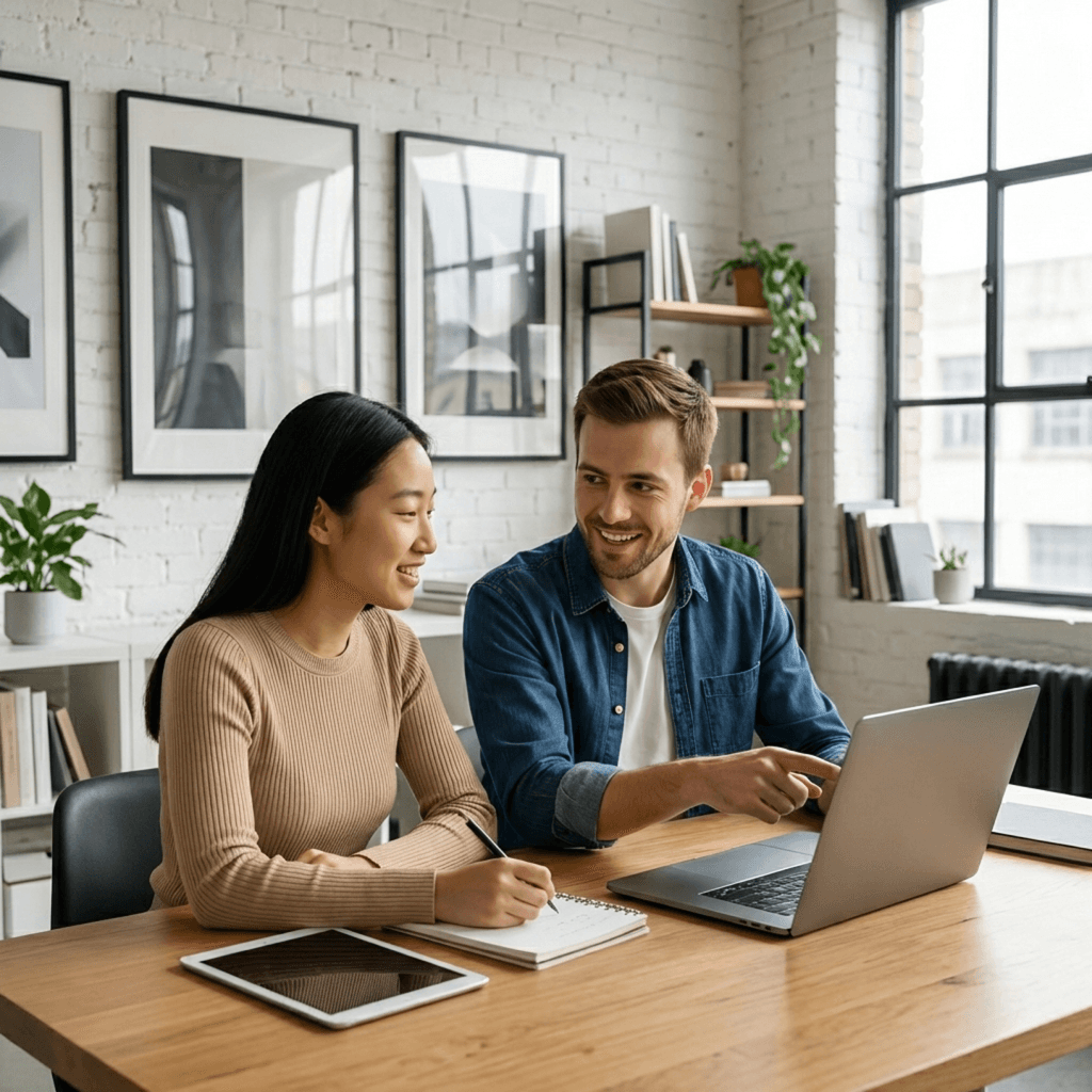Colleagues working on laptop