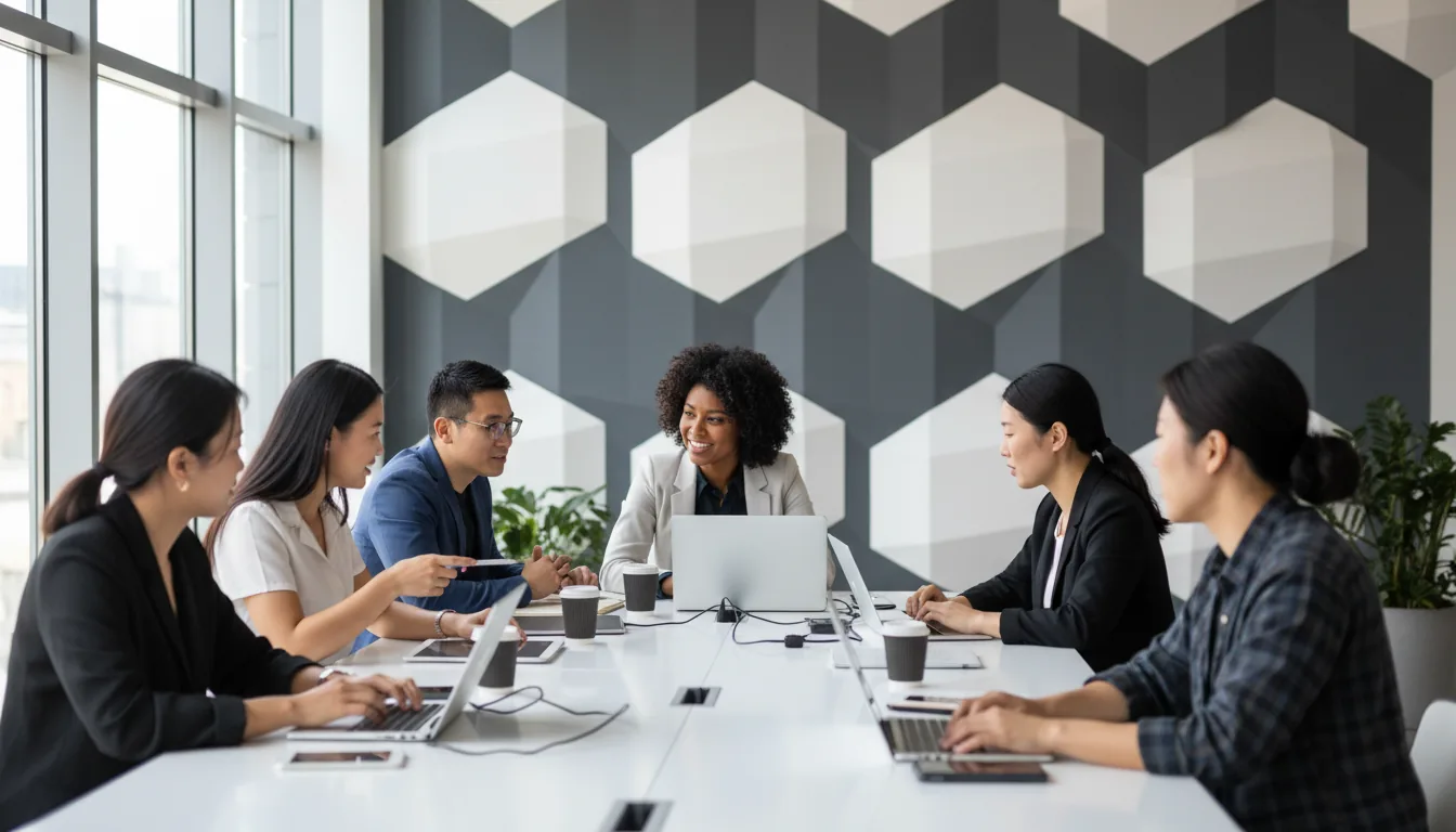 DSLR photograph of a diverse group of young professionals collaborating in a modern coworking space, seated at a long, white communal table with laptops and tablets. The background features a distinctive wall with a grey and white 3D geometric cube pattern. The scene is brightly lit with soft natural daylight, creating a candid and professional atmosphere. The shot is captured from an eye-level perspective looking down the length of the table, with a shallow depth of field keeping the background slightly out of focus.