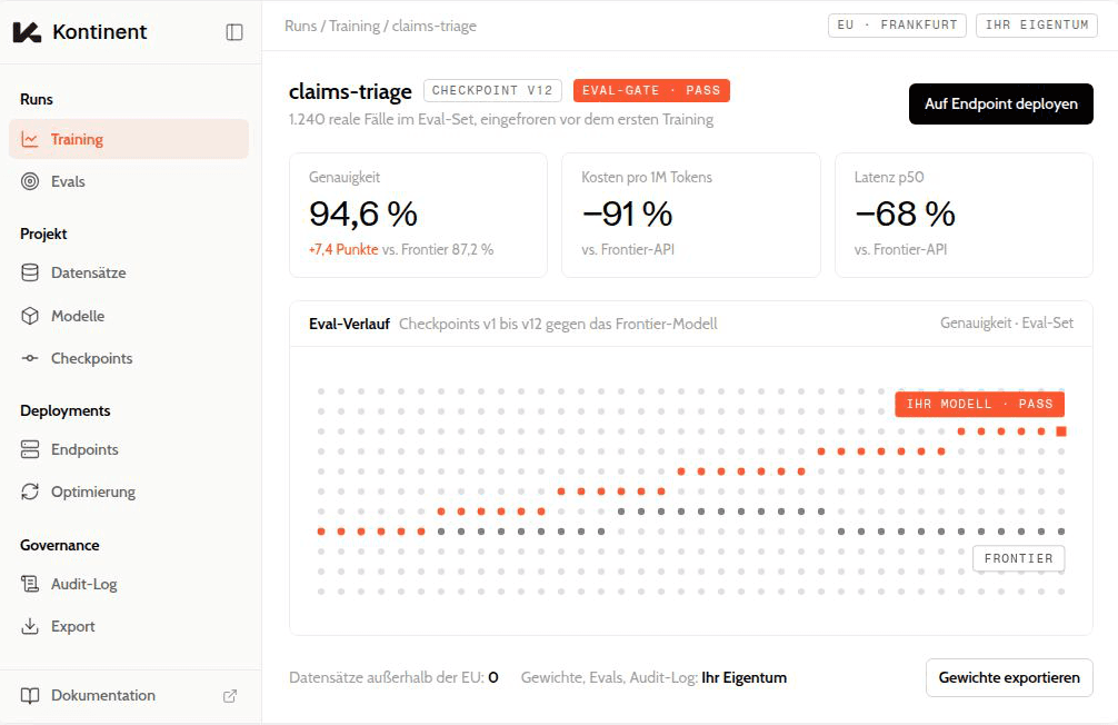 Kontinent Plattform: Training-Run claims-triage mit Eval-Verlauf