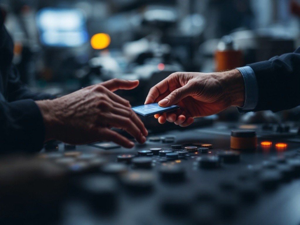 A hand holding a smartphone over a control panel