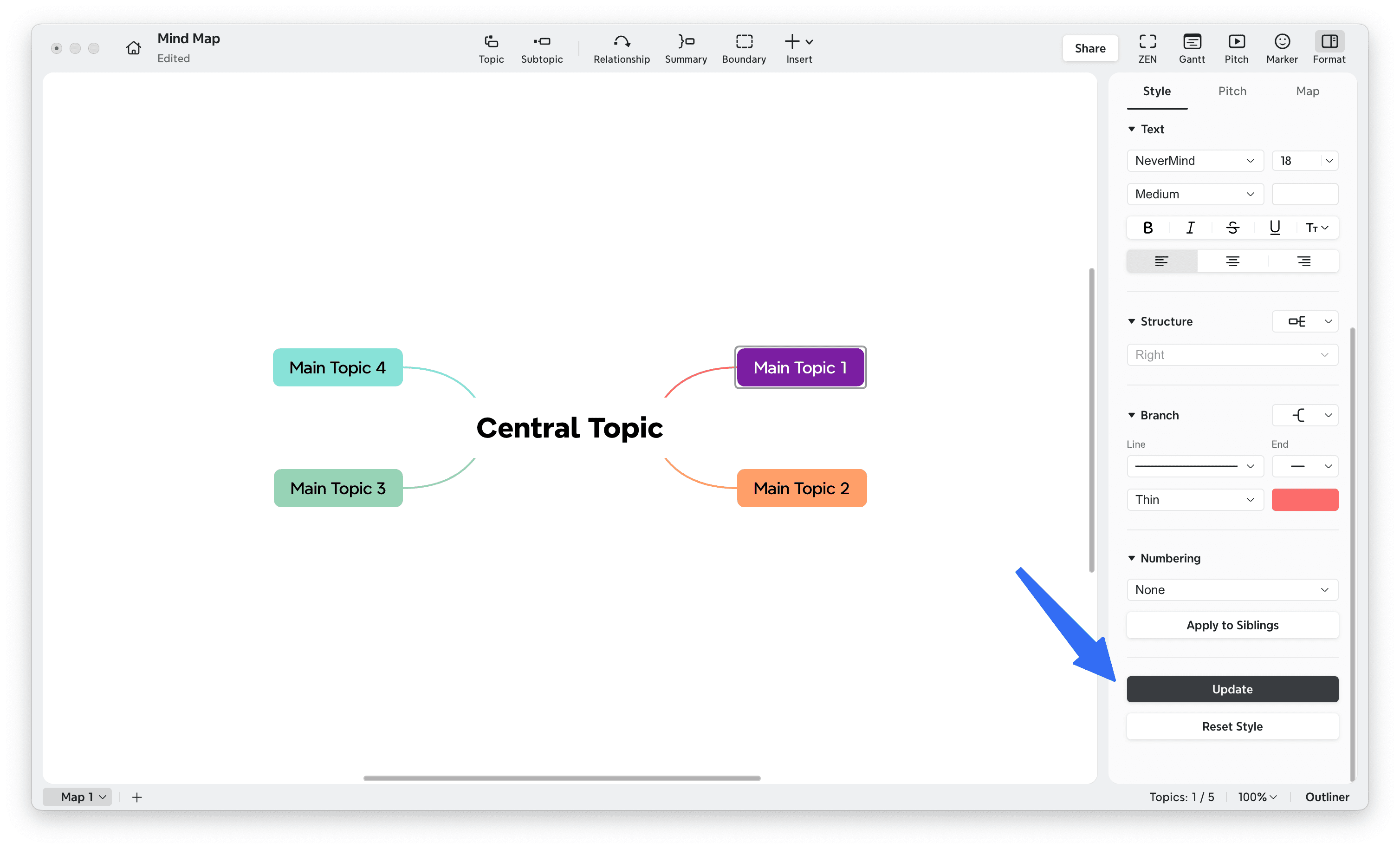 Mind map editing interface with style options