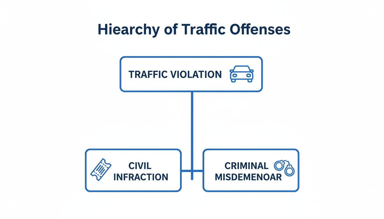 A flowchart illustrates the hierarchy of traffic offenses, classifying them into civil infractions and criminal misdemeanors.
