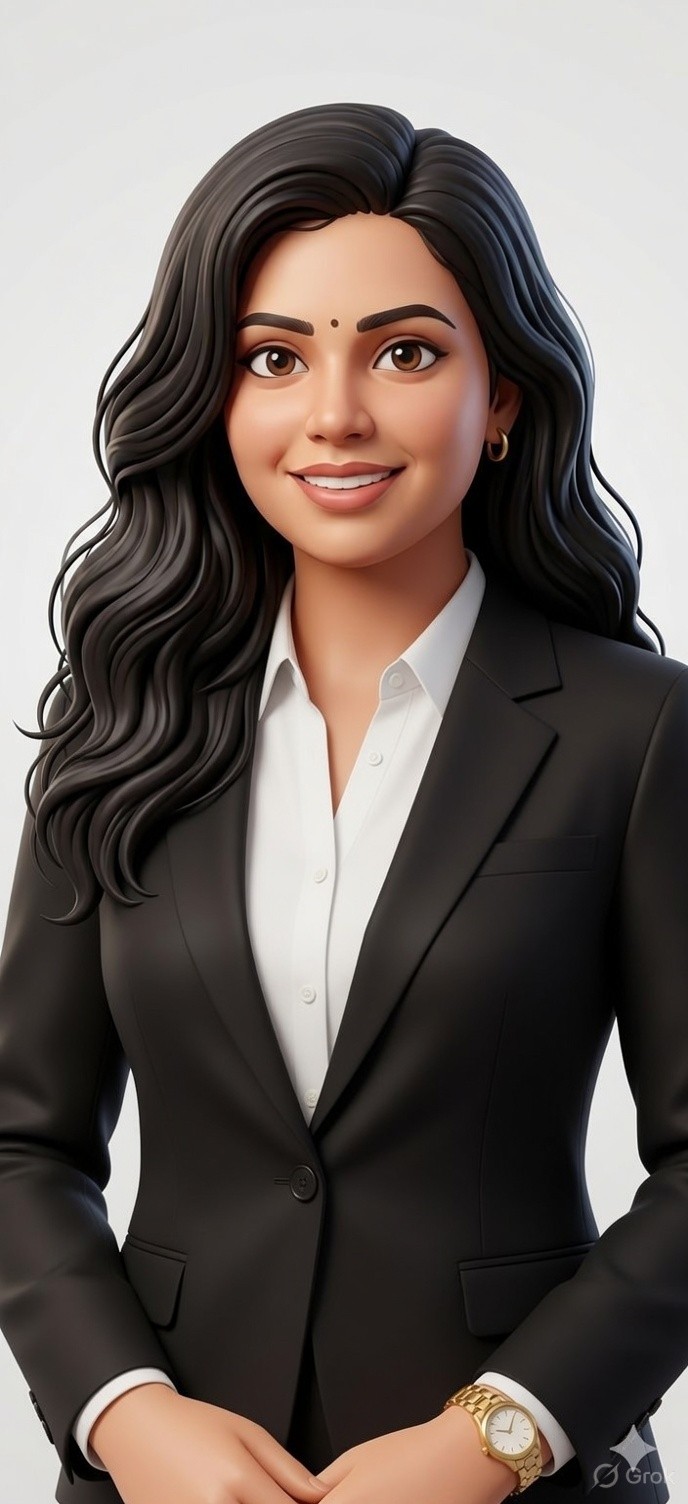 A person with short brown hair looks confidently at the camera, wearing a light pink blazer and white shirt. Soft lighting and plant in the background add a calming tone.