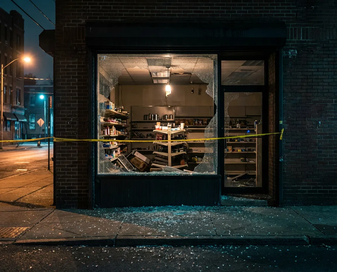 Exterior of a damaged storefront in Peristeri after a late night break in