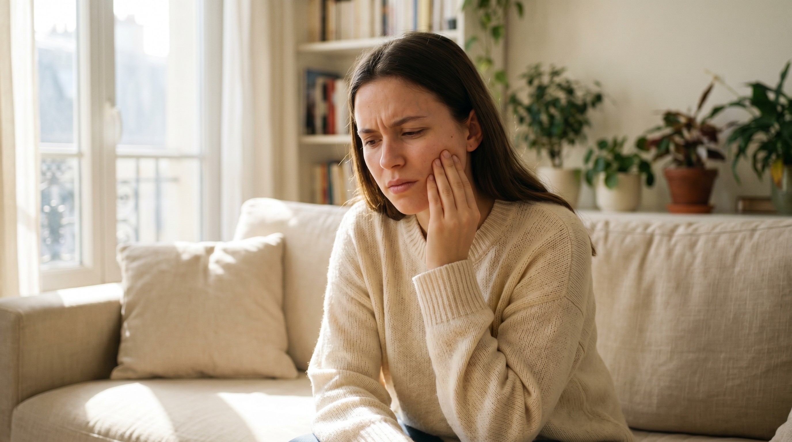 Young woman touching her lower jaw near the back of her mouth at home