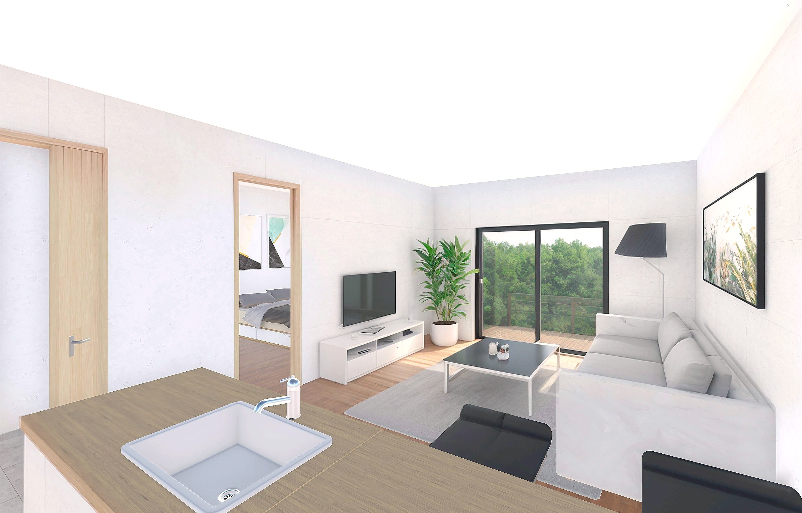 Bright interior of a one-bedroom apartment showing the living room, bedroom, and outdoor view through large windows, with minimalist furniture designed for small spaces.