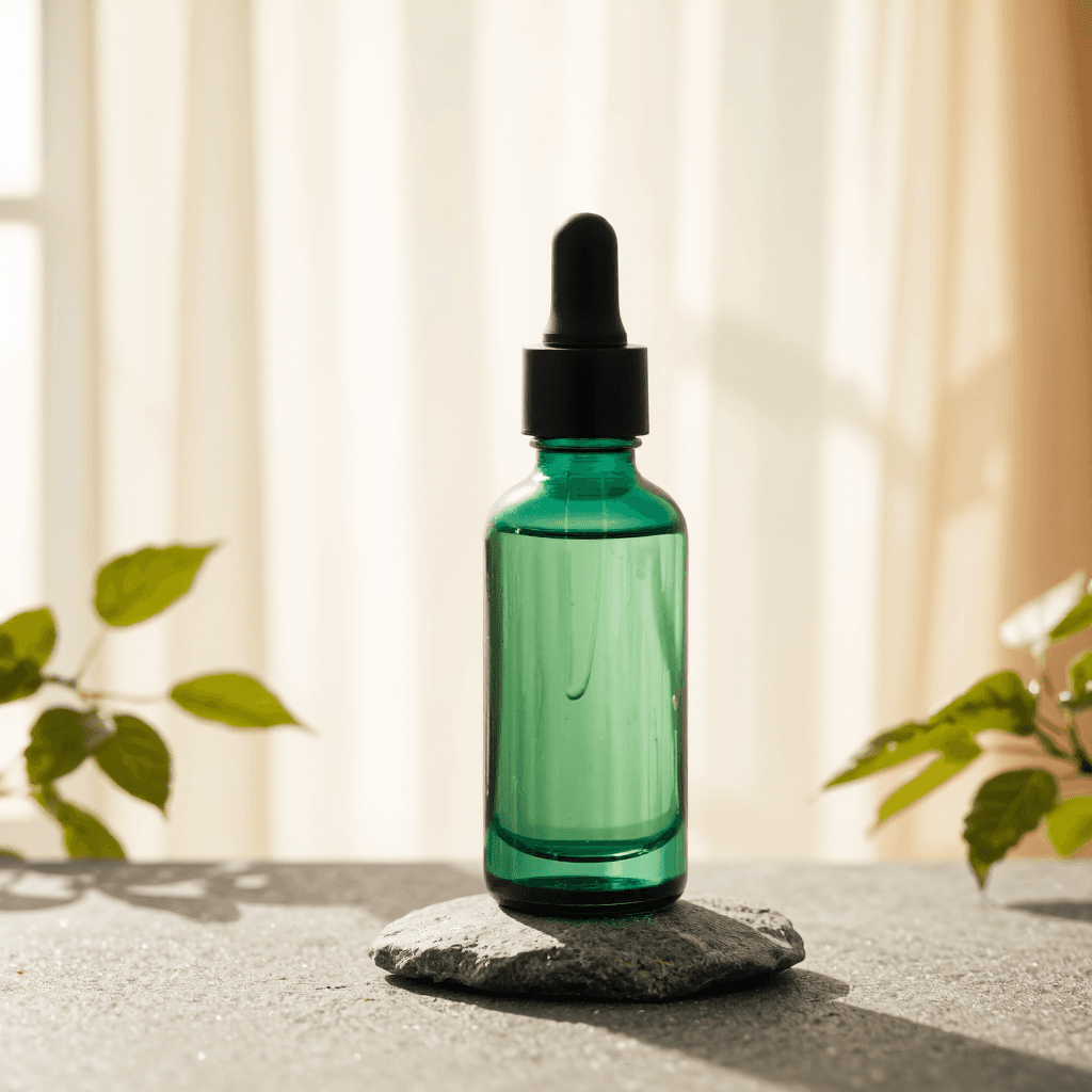 product photography of a bottle of calming solution ampoule for skincare