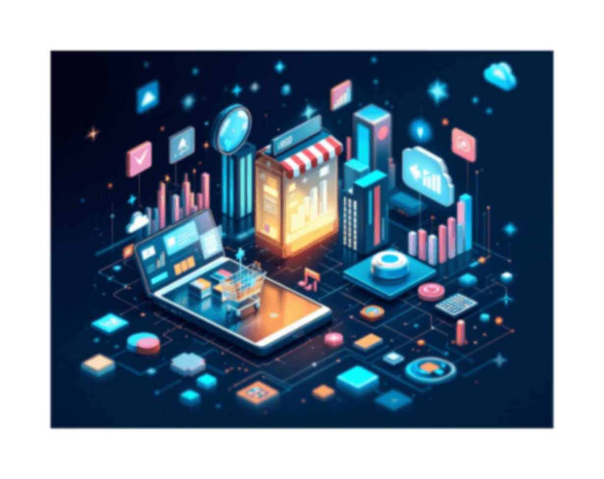 Isometric illustration of e-commerce and online shopping, showcasing a smartphone with a shopping cart, surrounded by various digital elements representing data, analytics, and online transactions.