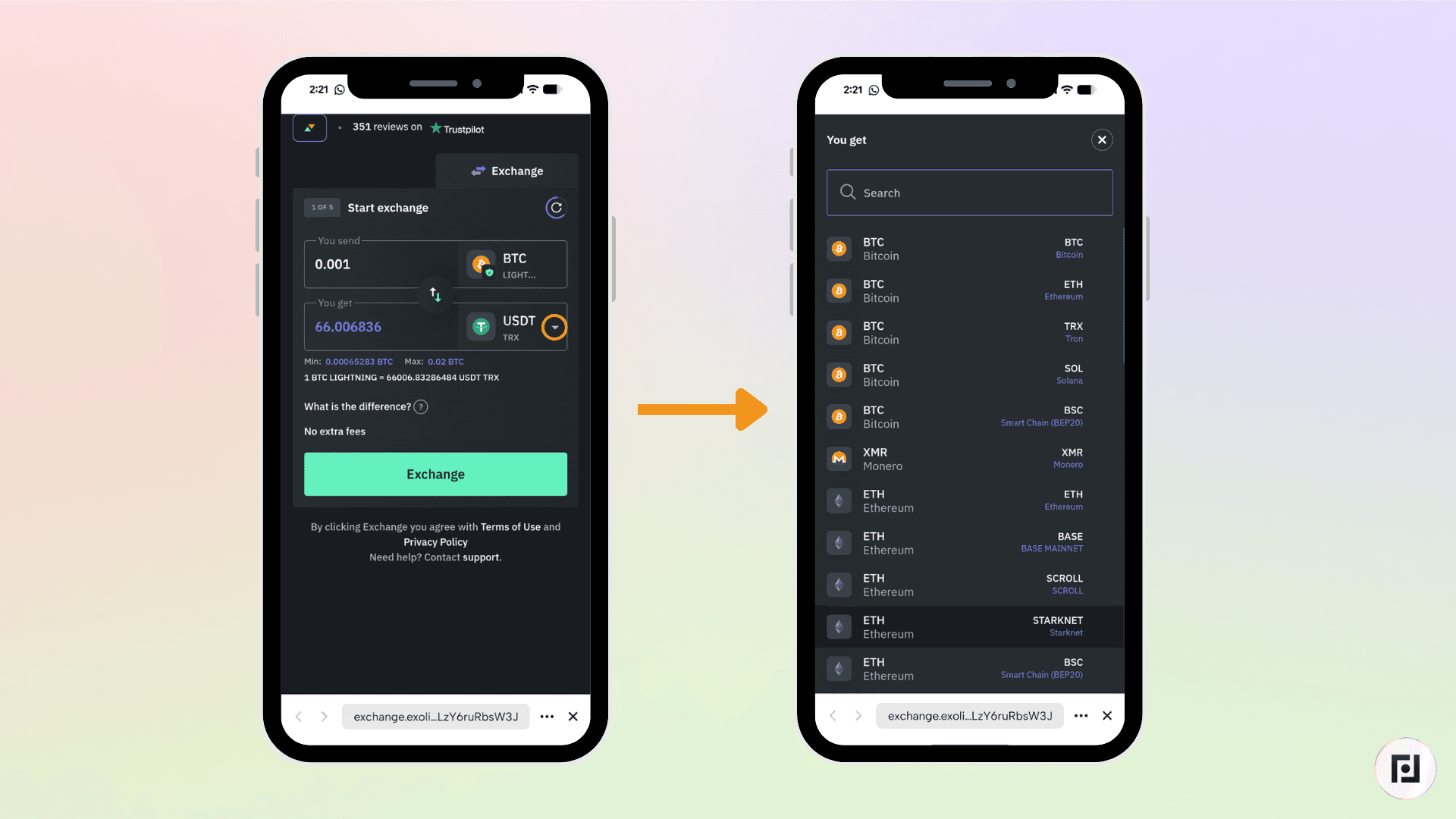 Exolix asset selection screen inside Fedi showing list of cryptocurrencies including BTC, ETH, XMR, SOL, and BSC available for swapping