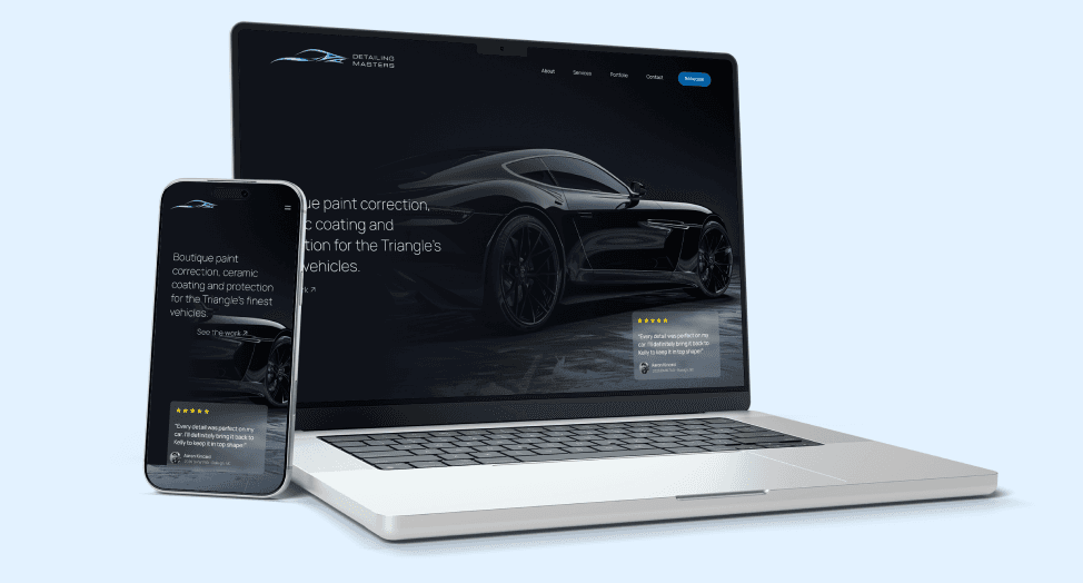 Mockup of a laptop screen and a phone screen showing the hero section of the Detailing Masters website