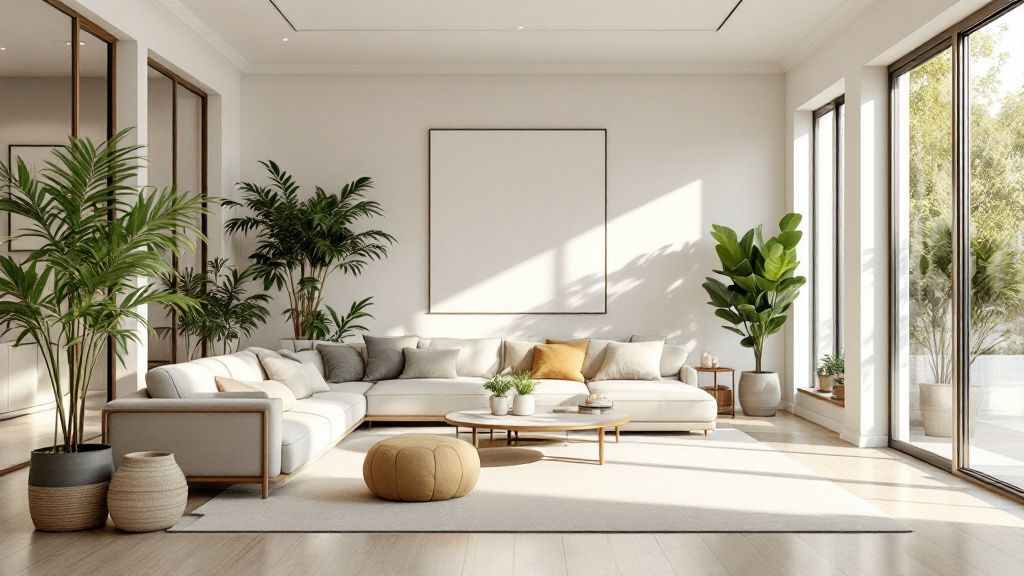 Elegant, sunlit living room with large windows, indoor plants, a cozy L-shaped sofa with neutral cushions, a round ottoman, and minimalist decor
