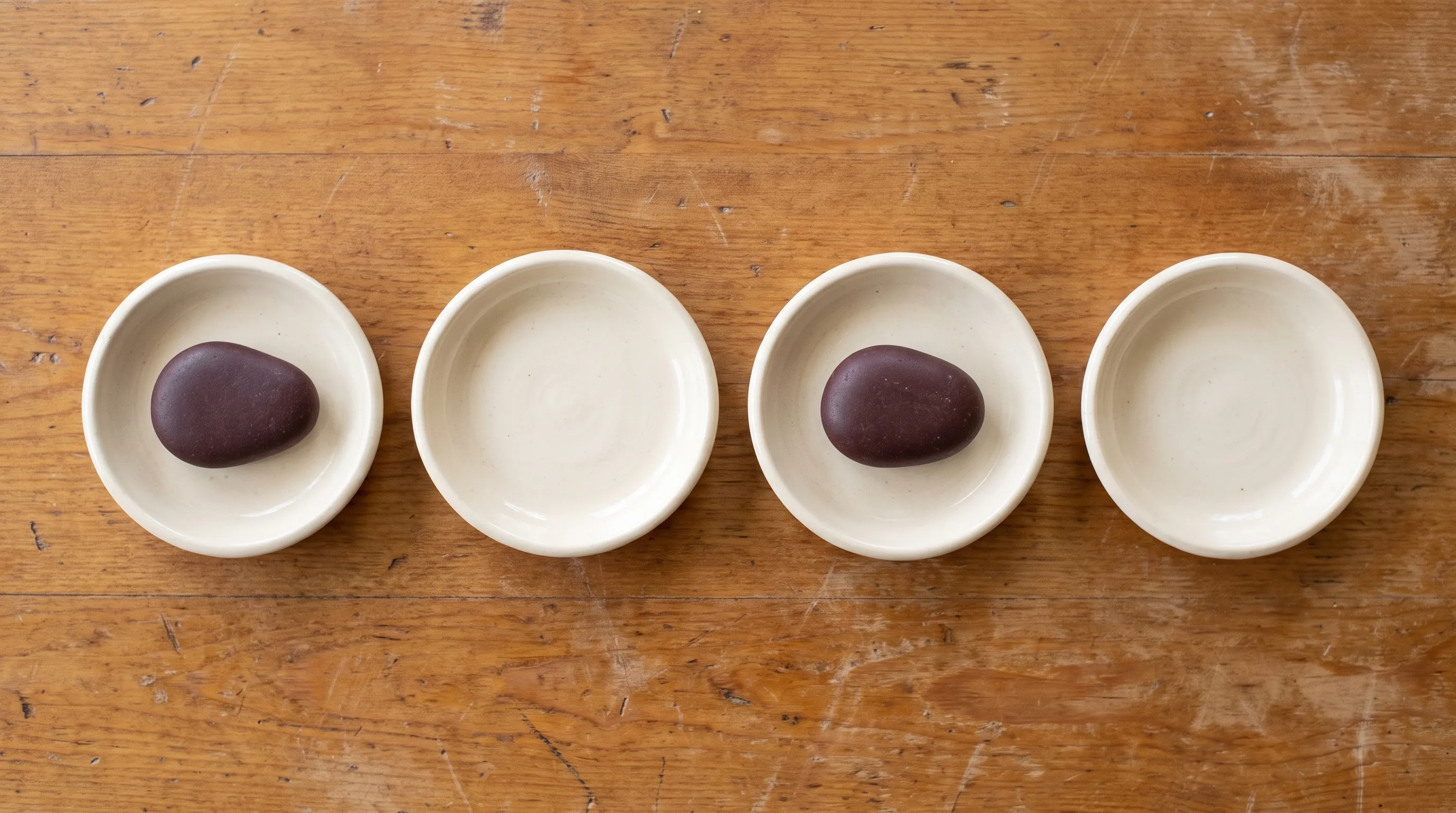 Four small ceramic dishes in a row, two holding dark stones and two empty