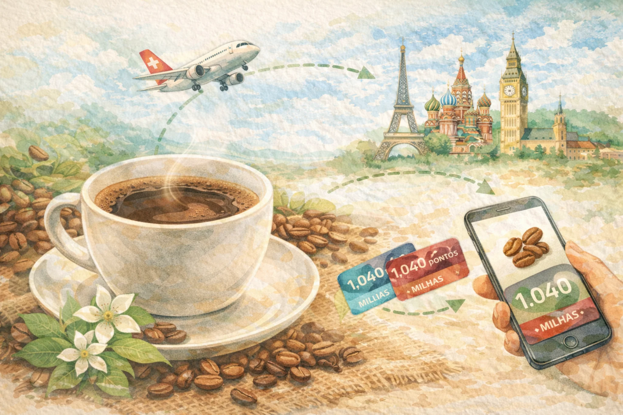 Ilustração em aquarela de café com grãos ao lado de um celular com milhas acumuladas, avião e pontos turísticos, mostrando como acumular pontos comprando café.