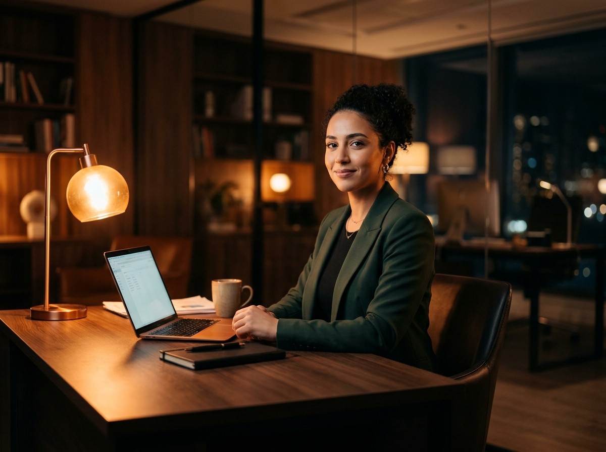 Woman in green jacket at desk with laptop.