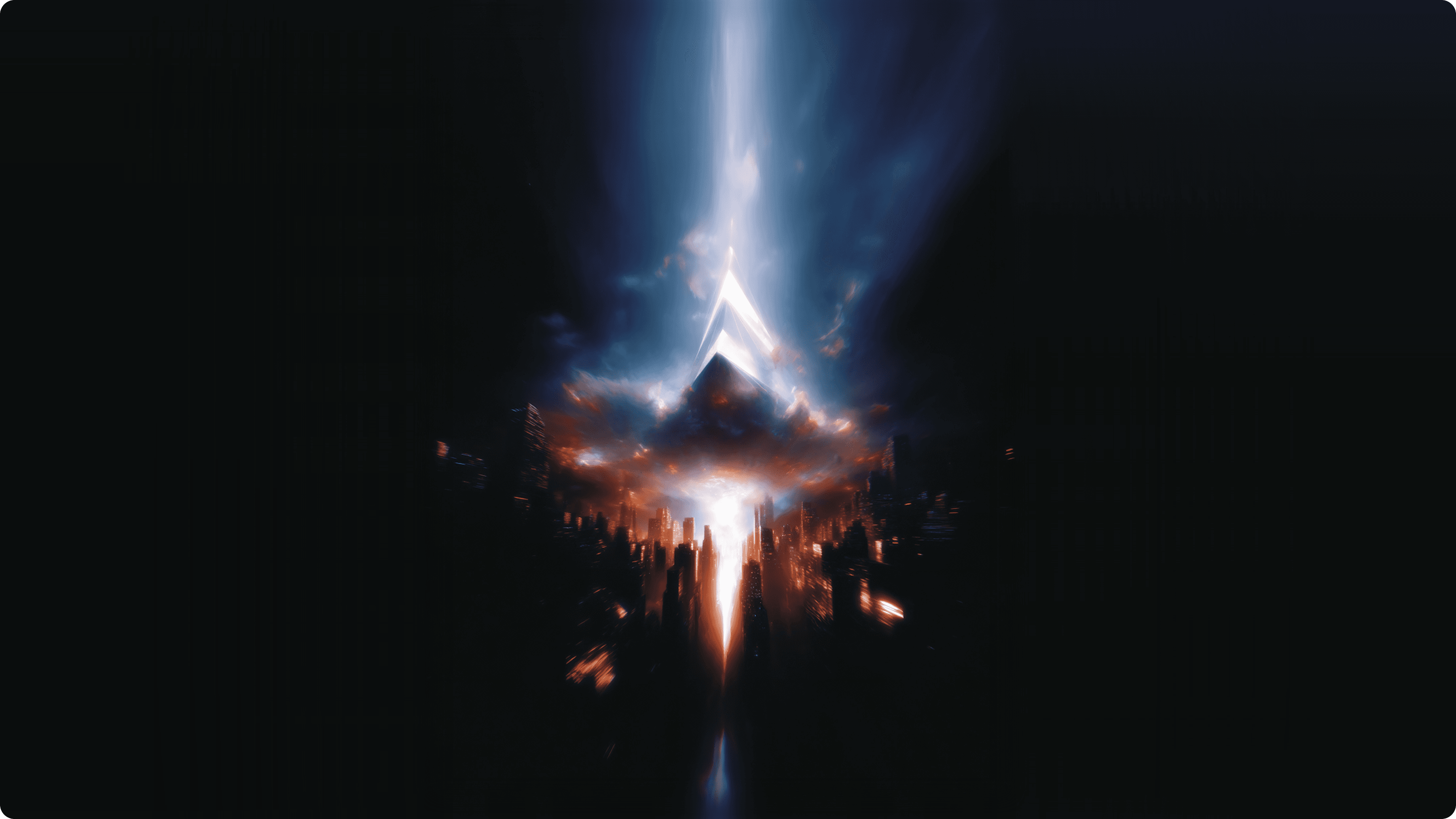 Cinematic abstract landscape of a glowing geometric pyramid rising above a dark city skyline with a powerful beam of light shooting into the sky, representing Luna UI’s philosophy of turning abstract thoughts into structured design systems.