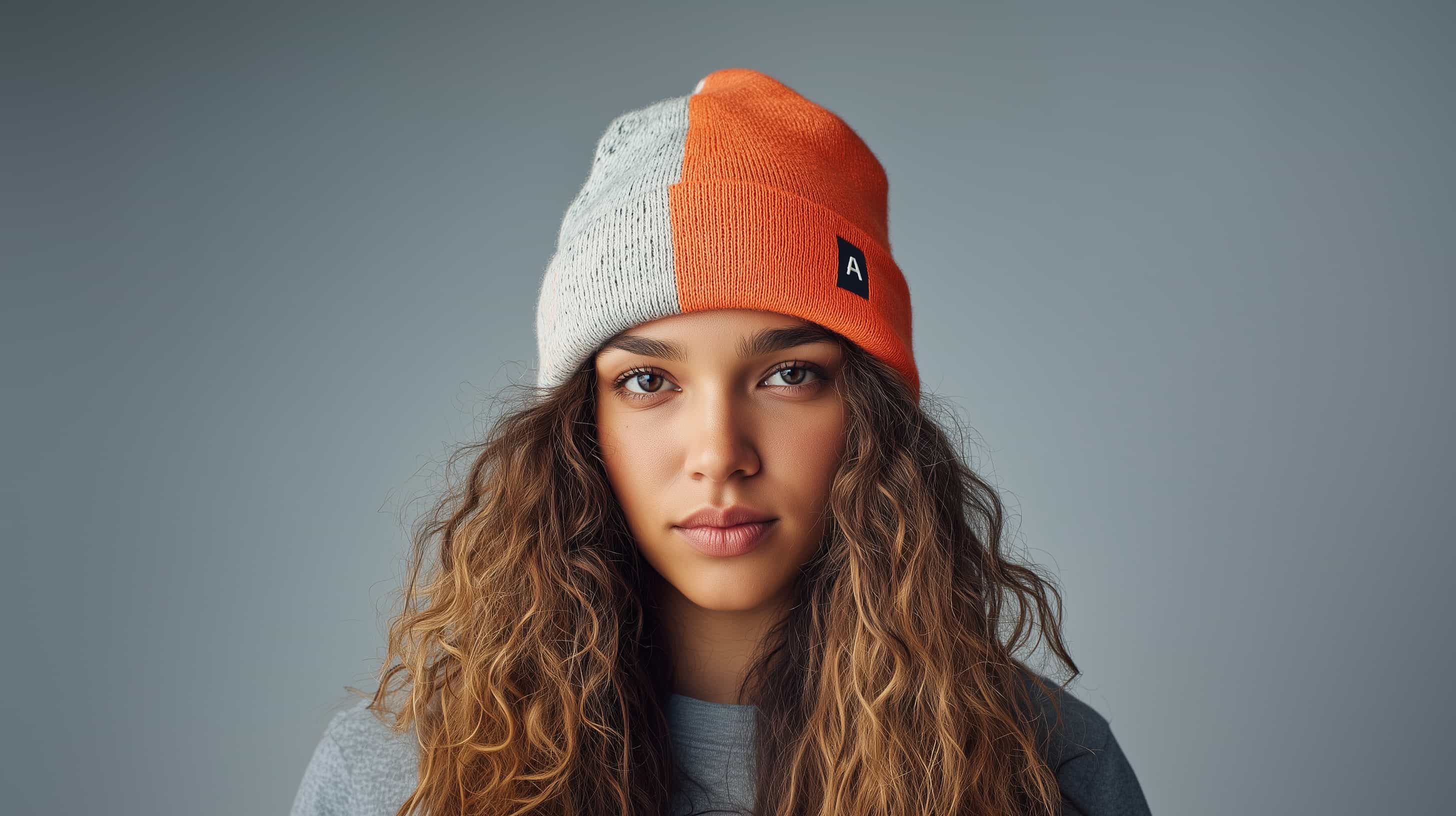 Portrait of a woman with curly hair wearing a two-tone gray and orange beanie against a neutral background.